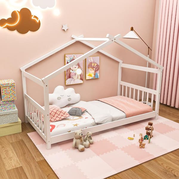 Bunpeony Twin Size Wooden House Bed with Roof-White HD114QUHY048