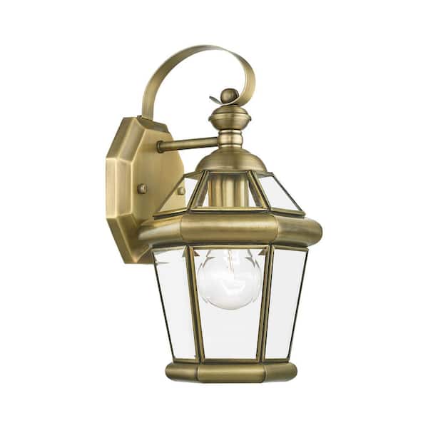 AVIANCE LIGHTING Cresthill 12 in. 1-Light Antique Brass Outdoor Hardwired Wall Lantern with No Bulbs Included