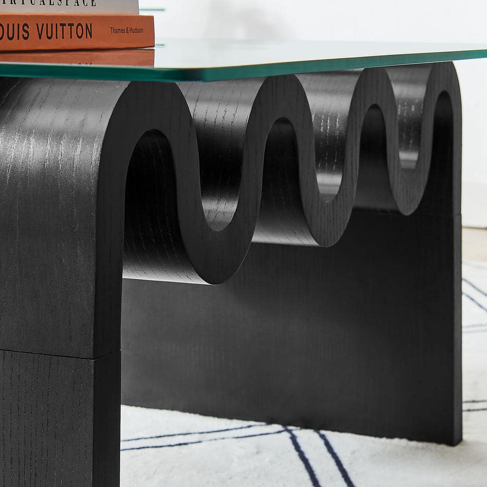 Ondine Glass and Wood Specialty Coffee Table in Black - Retro Vintage 40 in. Squiggle