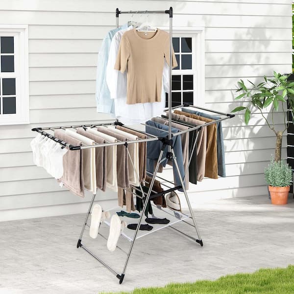 2-Layer Gray Metal Free Standing Foldable Drying Rack w/Hanging Bar & 2 Height-adjustable Wings