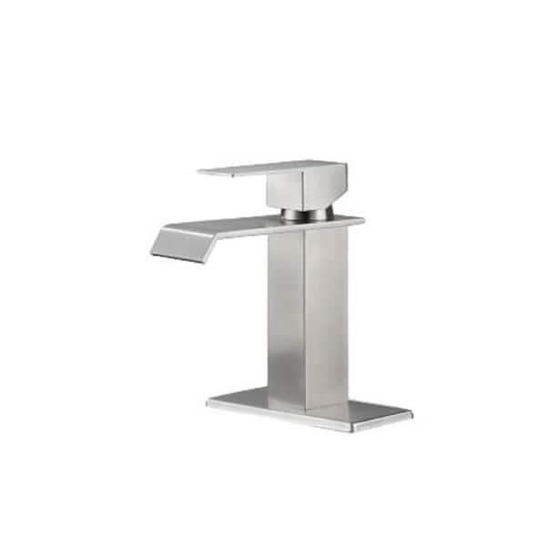 Lukvuzo Waterfall Spout Single Handle Single Hole Bathroom Faucet with Deckplate Included with Rust Resistant in Brushed Nickel