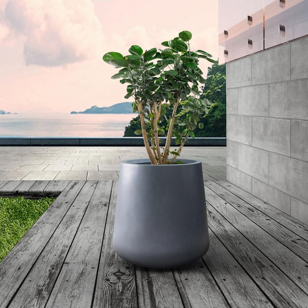 11.81 in. x 12.2 in. Round Charcoal Finish Lightweight Concrete &  Fiberglass Indoor Outdoor Planter with Drainage Hole