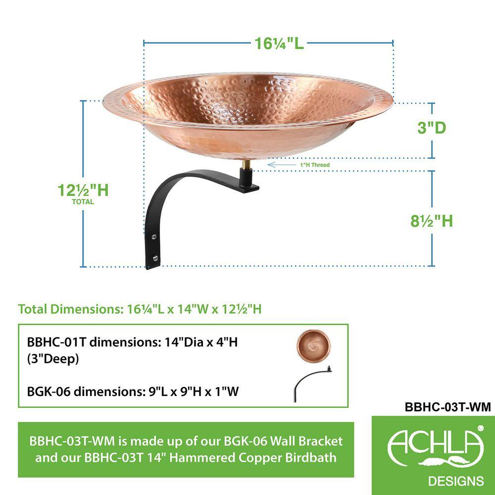 14" Hammered Copper Birdbath with Black Iron Wall Mount