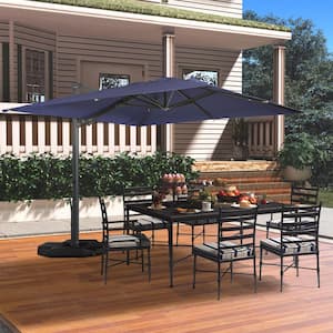 10 ft. x 13 ft. Rectangle Aluminum Cantilever Tilt Outdoor Patio Umbrella with LED Light, Cross Base Stand in Navy Blue