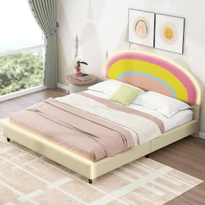 Beige Wood Frame Full PU Upholstered Platform Bed with Rainbow Shaped and Height-Adjustbale Headboard, LED Light Strips