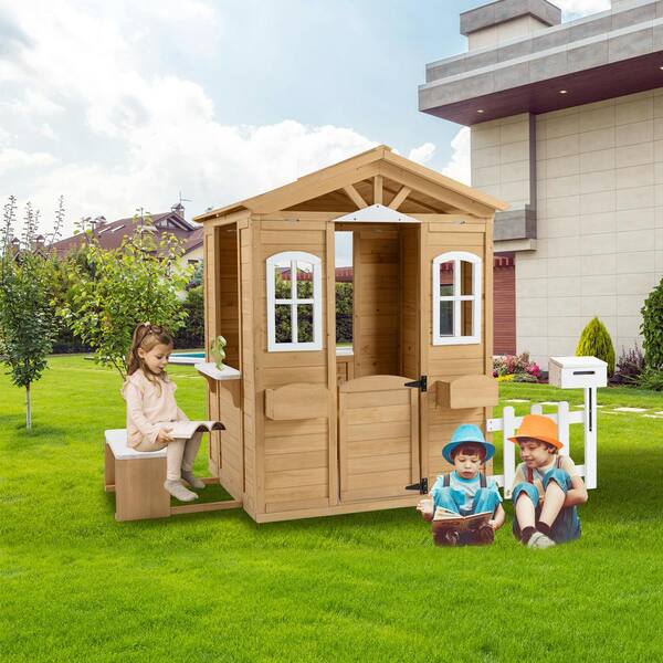 Thanaddo Outdoor Playhouse for Kids Wooden Cottage with Working Doors Windows and Mailbox