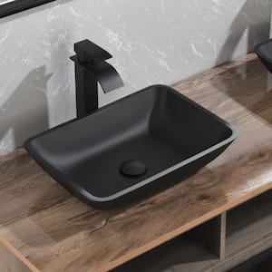 Medium Glass Rectangular Vessel Sink in Matte Black with Faucet and Pop-Up Drain