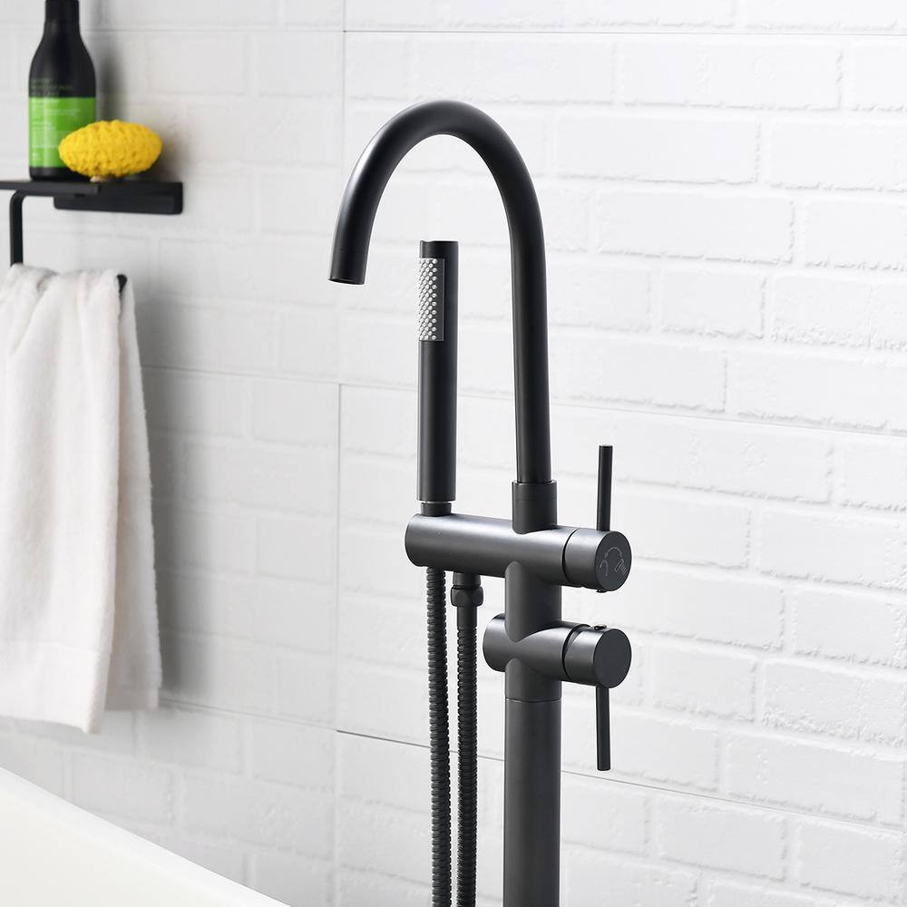 Matte Black Floor Mount Freestanding Tub Filler with Handheld Shower