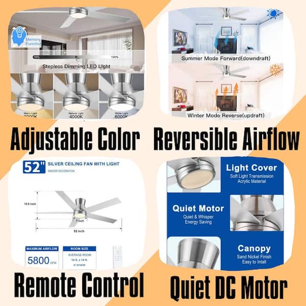 Brushed Nickel Series 52 in. Smart Indoor Brushed Nickel Low Profile 5-Blade Ceiling Fan with Warm Light LED with Remote