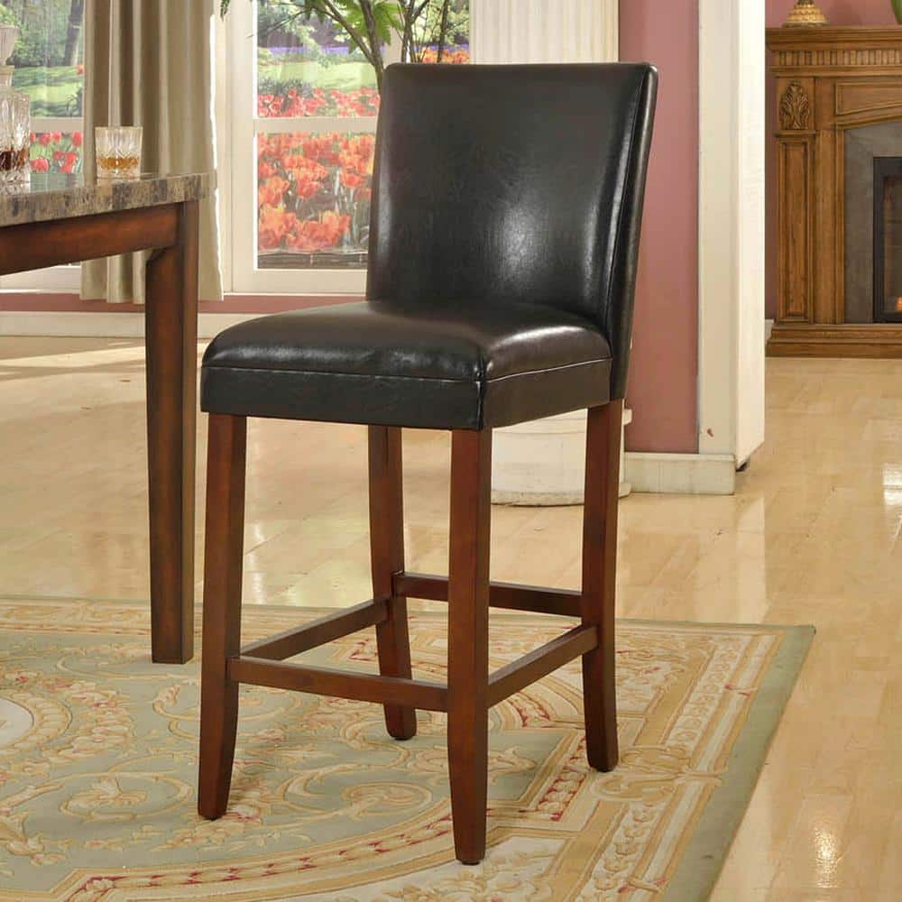 Luxury Black Faux Leather 29" Barstool with Light Cherry Wood Legs