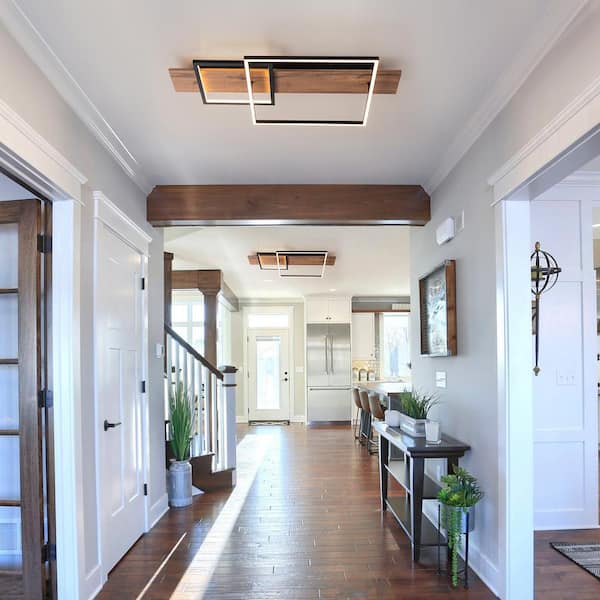 2-Light 29.5 in. Iris Integrated LED Wood Flush Mount Ceiling Light