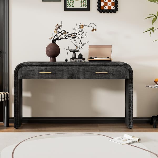 59 in. Antique Black Rectangle MDF Retro Silhouette Console Table with 2-Drawers