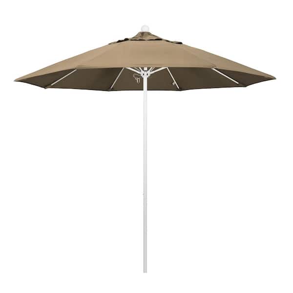 California Umbrella 9 ft. White Aluminum Commercial Market Patio Umbrella with Fiberglass Ribs and Push Lift in Heather Beige Sunbrella
