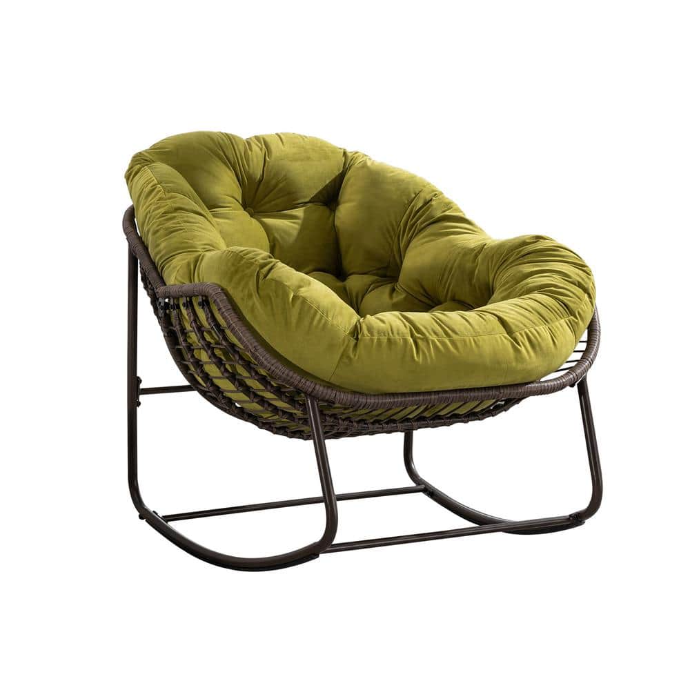 Wicker Indoor and Outdoor Rocking Chair with Olive Green Cushion for Front 