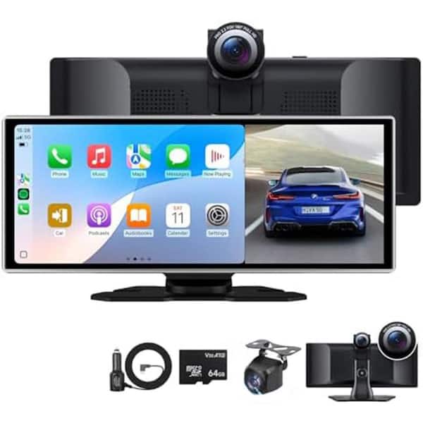 Front & Rear View Camera Car Driving Recorder With Wireless Carplay Android Auto Car In-Mirror Mounted Dash Cam 11.26-inch IPS Touchscreen Support DVR Voice Control Bluetooth Call FM Transmitter In