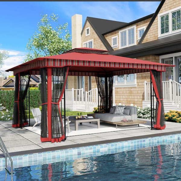 Esunny 13 ft. x 11 ft. Red Outdoor Patio Steel Frame Soft Top Gazebo with Mosquito Netting and Weather-Resistant Canopy Top