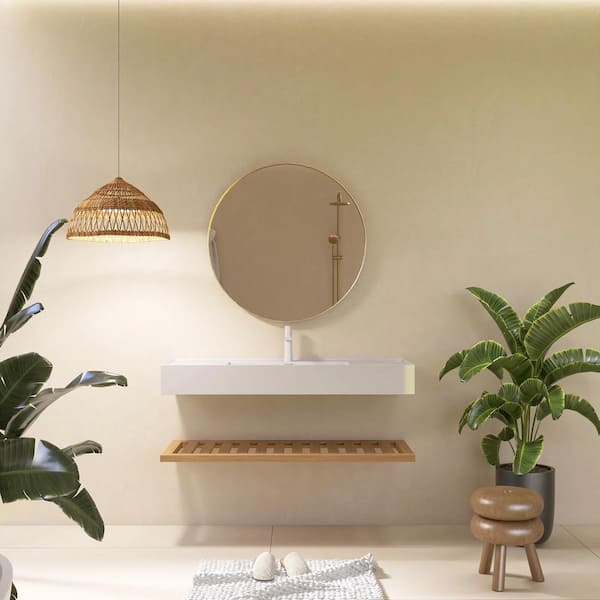 48 in. White Acrylic Wall-Mounted Bathroom Vessel Sink and Shelf