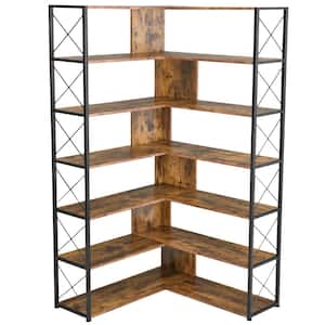 70.9 in. Brown Wood 7 Shelf L-Shaped Corner Etagere Bookcases with Open Storage