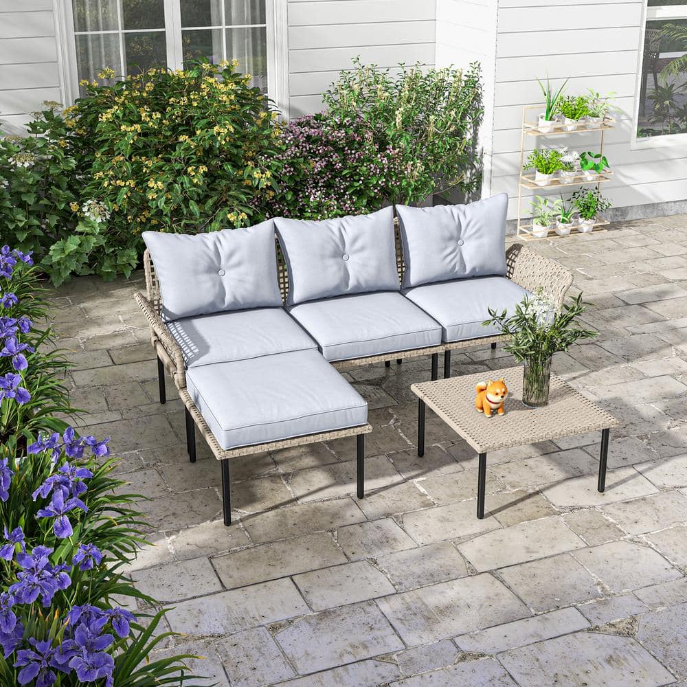Light Gray 5-Piece Rattan Patio Furniture Set with Cushions
