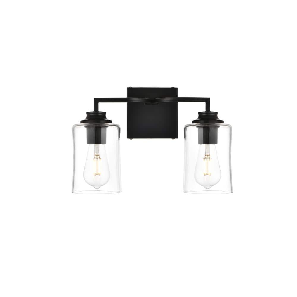 Simply Living 14 in. 2-Light Modern Black Vanity Light with Clear Bell Shad