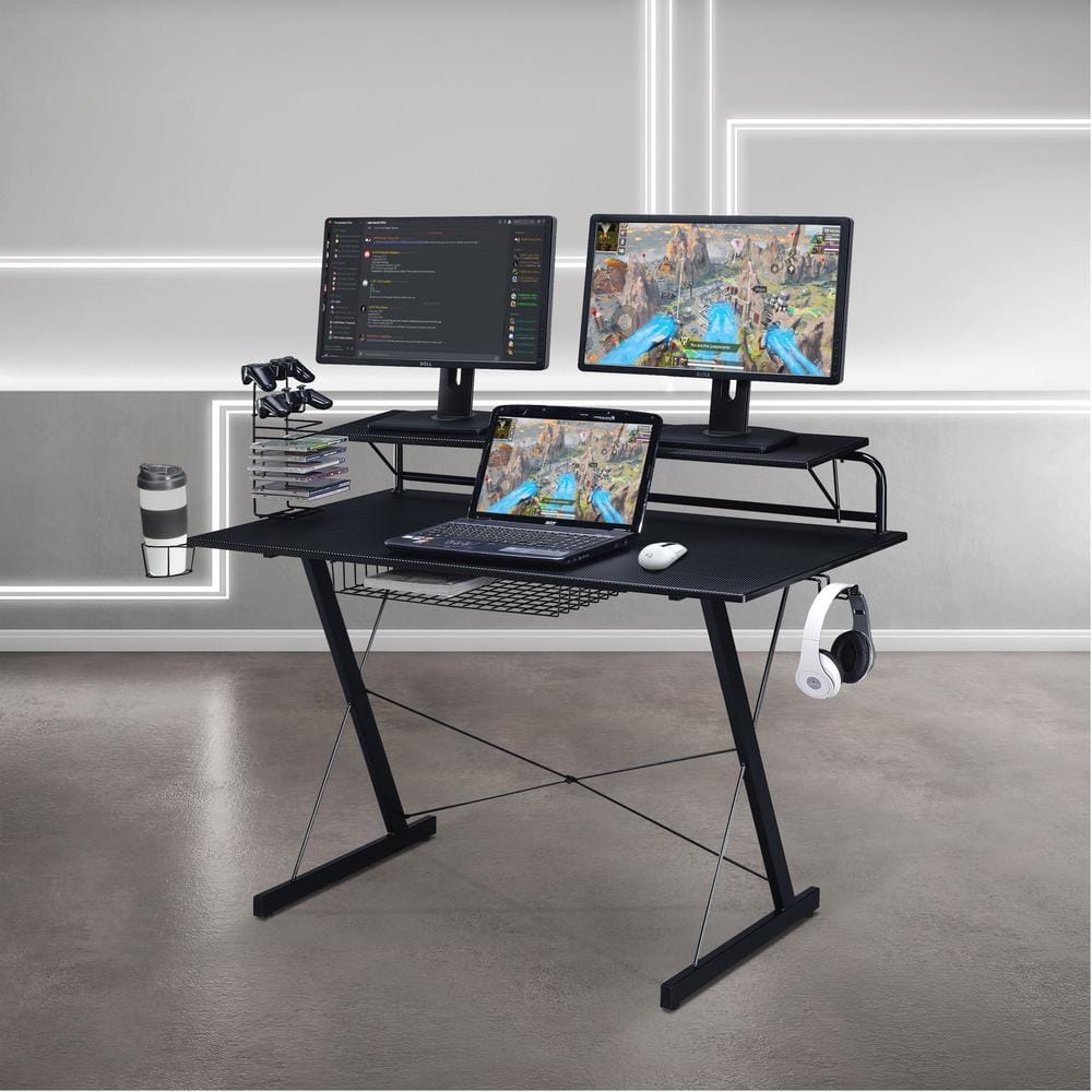 Black Carbon Fiber Gaming Desk with Drawer and Cup Holder