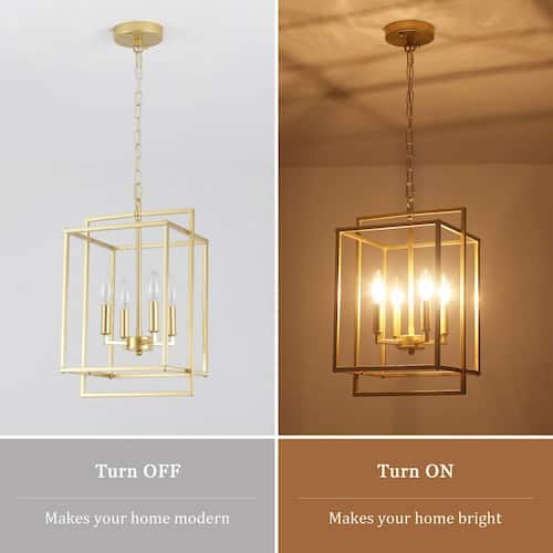 4-Light Gold Modern Geometric Rectangle Lantern Hanging Ceiling Chandelier Kitchen Island Pendant Light ADSENSTY Chandeliers