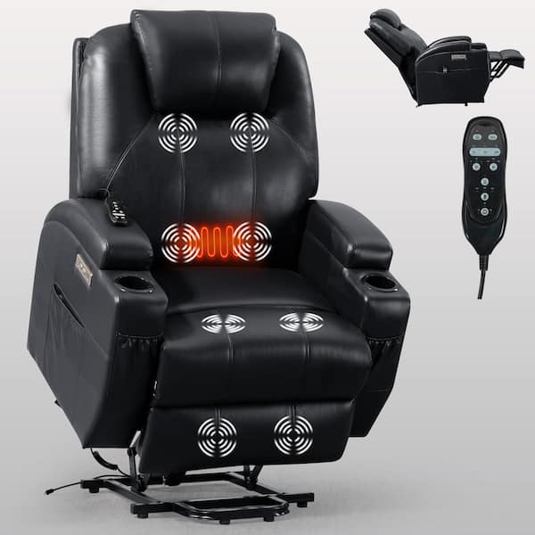 sumyeg 35 in. W Black Faux Leather Power Lift Recliner Chair with Massage, Heating, Two Cup Holders and USB Charge Port