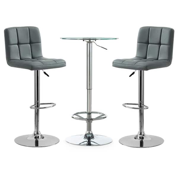 Powell Company Gonzalez 3-Piece Round Glass Top Adjustable Chrome Base with Adjustable Black Faux Leather Barstool Bar Table Set