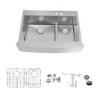 Diamond 16-Gauge Stainless Steel 35.8 in. Double Bowl Farmhouse Apron Kitchen Sink Kit with Magnetic Accessories