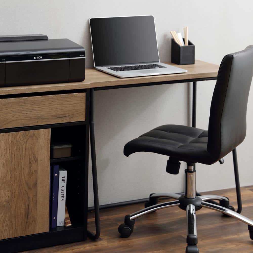 Compact Urban Industrial Black Wood Desk with Filing Cabinet