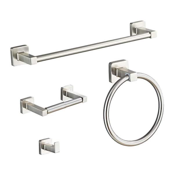 Wall Mounted 4-Piece Brushed Nickel Bathroom Hardware Set with 16 in. Towel Bar and Toilet Paper Holder