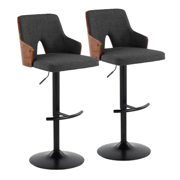 Lumisource Stella 34 in. Charcoal Fabric, Walnut Wood and Black Metal Adjustable Bar Stool with Rounded T Footrest (Set of 2)