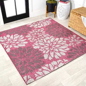 Zinnia Modern Floral Textured Weave Fuchsia/Light Gray 5 ft. Square Indoor/Outdoor Area Rug