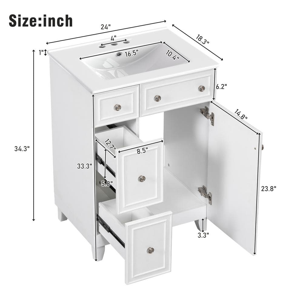 24" White Wood Freestanding Single Sink Bath Vanity with Ceramic Top