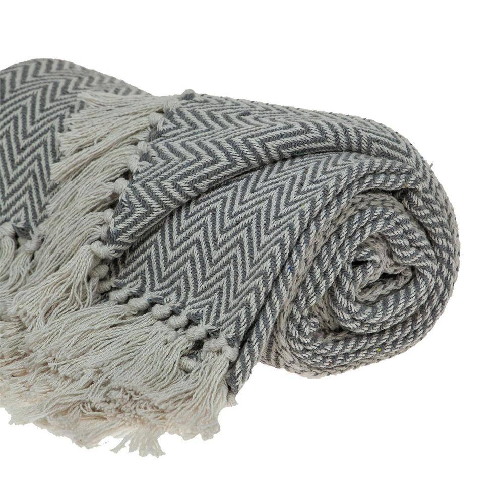 Gray and Off-White Hand Woven Cotton Throw Blanket