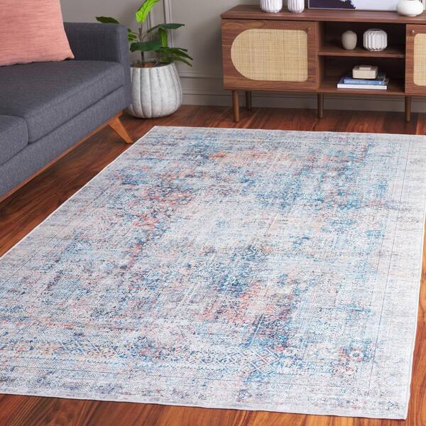 Arizona Blue/Rust 9 ft. x 12 ft. Distressed Border Ornate Machine Washable Area Rug