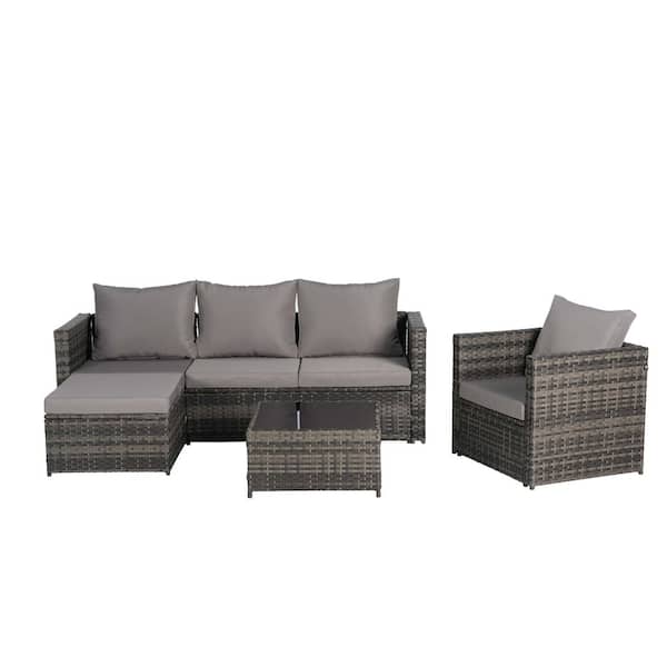 Tenleaf 3-Piece Wicker Patio Conversation Set with Dark Gray Cushions, Detachable Lounger and Coffee Table