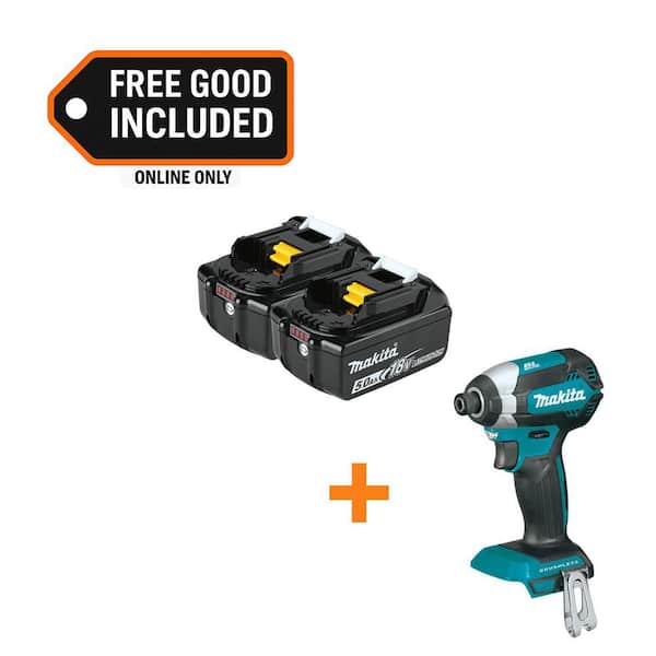 18V LXT Lithium-Ion Battery Pack 5.0 Ah with LED Charge Level (2-Pack) with 18V LXT Brushless 1/4 in. Impact Driver