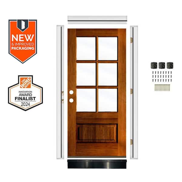 DIY 36in.x80in. Farmhouse Right-Handed 6 Lite Clear Glass Red Chestnut Stain Wood Front Door Kit w/ Quick Assemble Jamb