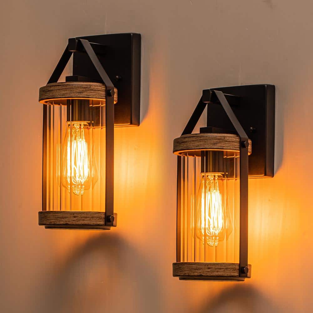 Medium Black and Woodgrain Metal Outdoor Lantern Sconce with Clear Glass