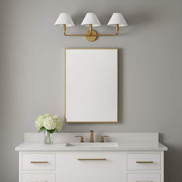 Colfax Large 3-Light Burnished Brass Wall Sconce with White Linen Shades