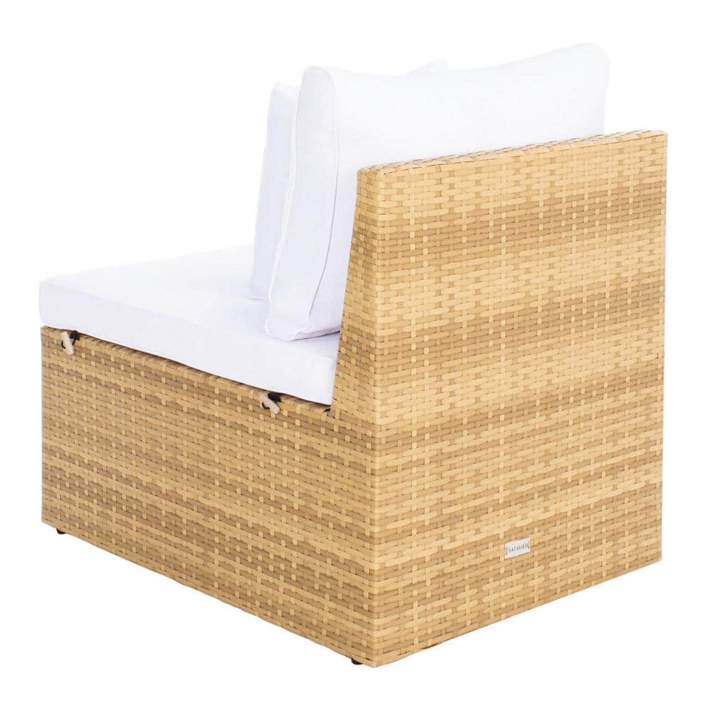 Pramla 3-Person Natural Brown Eucalyptus Outdoor Settee with White Cushions