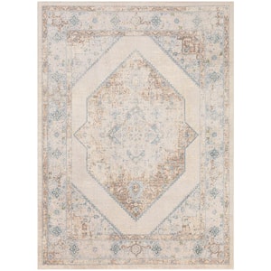 Astra Machine Washable Ivory Blue 4 ft. x 6 ft. Center medallion Traditional Area Rug