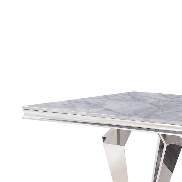 Satinka 79 in. Rectangle Light Gray Printed Faux Marble and Mirrored Silver  Finish Marble Dining Table Seats-6