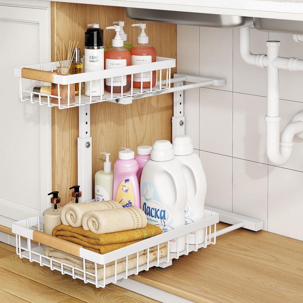 2 Tier Metal Under Sink Organizer with Pull Out Design for Kitchen, Bathroom, Laundry, Cabinet and Pantry, White(2-Pack) price history on PriceWatchPro