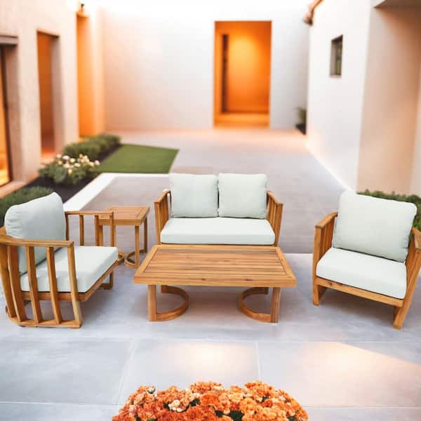 Helga 5-Piece Acacia Wood Patio Conversation Set With Gray Cushions