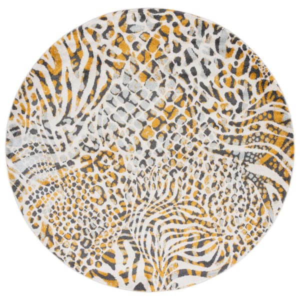 Amsterdam Beige/Gold 7 ft. x 7 ft. Animal Print Round Area Rug