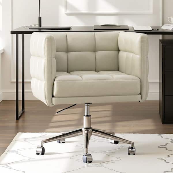 Prudence Leather Modern Swivel Office Chair in Beige with Squared Silhouette