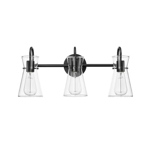 Camellia 22 in. 3-Light Matte Black Vanity-Light Clear