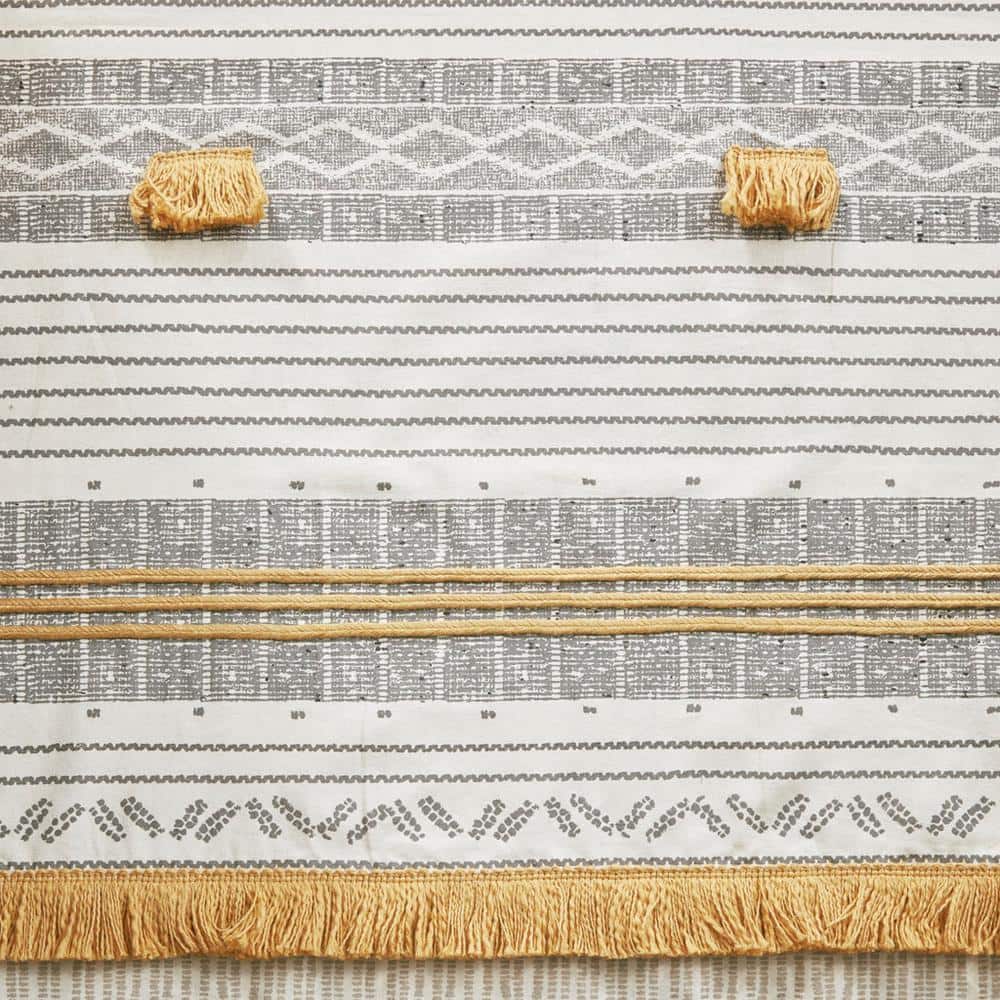 Gray and Yellow Cotton Striped Shower Curtain with Tassels